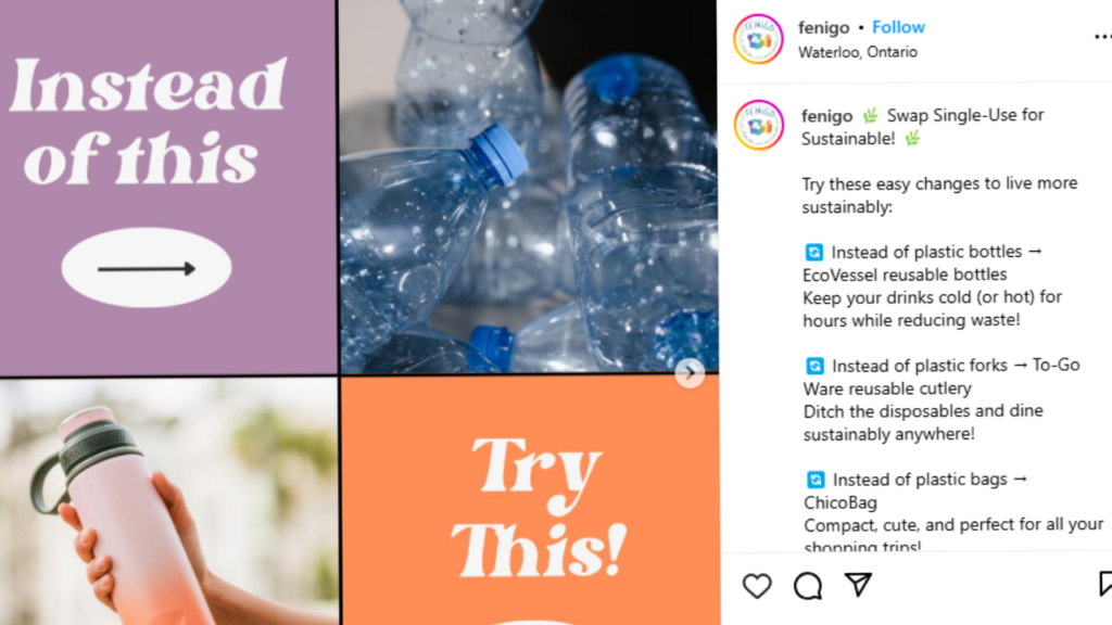 A brand’s Instagram post showing a reusable product with a “#SustainableLiving” hashtag.